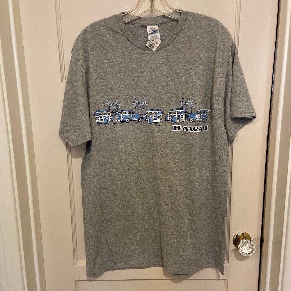 New MEN’S HAWAII HEATHER GRAY TEE TSHIRT SZ L CLASSIC OLDIES CARS TROPICAL PALM